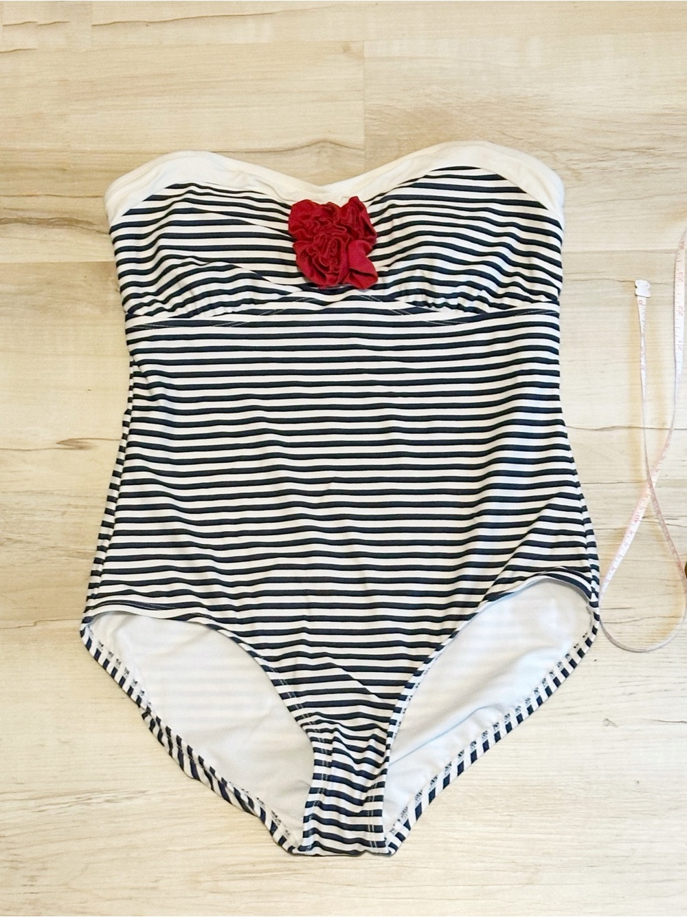 Striped Navy & White One-Piece Swimsuit with Red Flower Accent